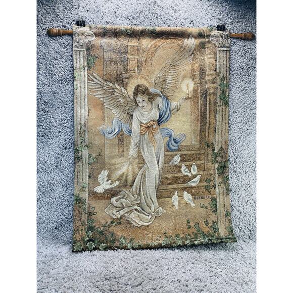 VTG Lena Liu Angel of Light Religious Wall Art Hanging Tapestry Wooden Rod Decor - Picture 8 of 8